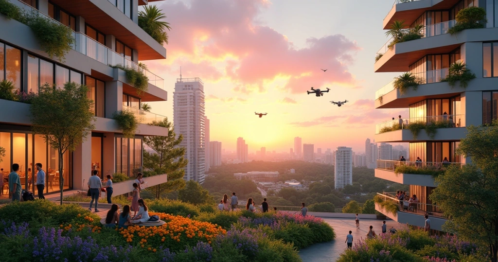 Uma cidade futurista com condomínios modernos, jardins e residentes desfrutando da comunidade em 2025.