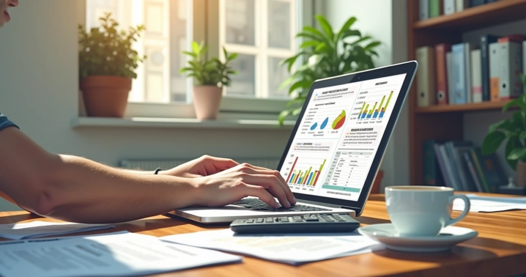 Síndico analisando planilha de controle financeiro no laptop em mesa de madeira no escritório