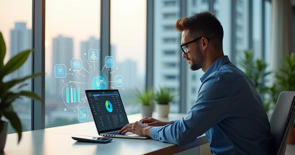 Síndico utilizando software de gestão condominial em laptop com tela mostrando dashboards financeiros e comunicados digitais