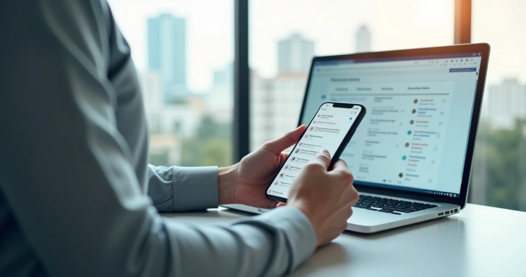 Síndico usando aplicativo em smartphone para gerir comunicação no condomínio