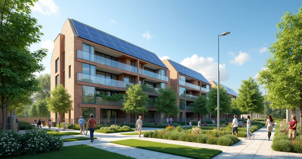 Fachada de condomínio moderno com painéis solares no telhado, áreas verdes e moradores utilizando espaços comuns sustentáveis