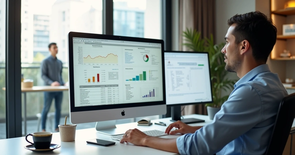 Síndico analisando dados financeiros do condomínio em computador com gráficos e controle financeiro digital