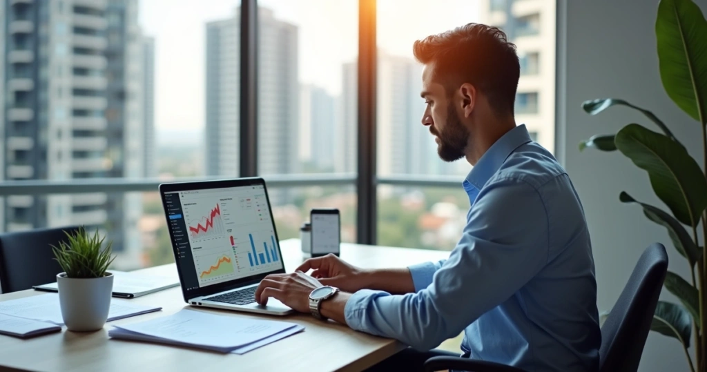 Síndico utilizando software de gestão condominial em notebook com gráficos financeiros na tela