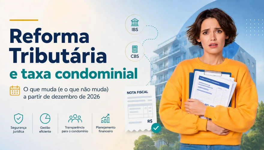 Síndico em área comum de condomínio analisando nota fiscal com destaque para regras tributárias