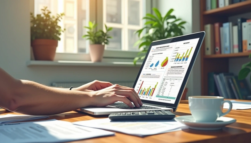 Síndico analisando planilha de controle financeiro no laptop em mesa de madeira no escritório