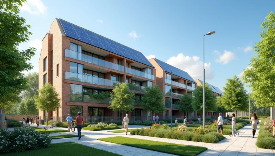 Fachada de condomínio moderno com painéis solares no telhado, áreas verdes e moradores utilizando espaços comuns sustentáveis
