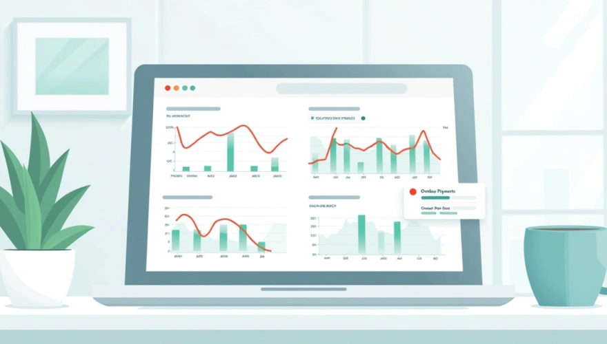 Tela de software de gestão condominial exibindo gráficos financeiros e alertas de inadimplência