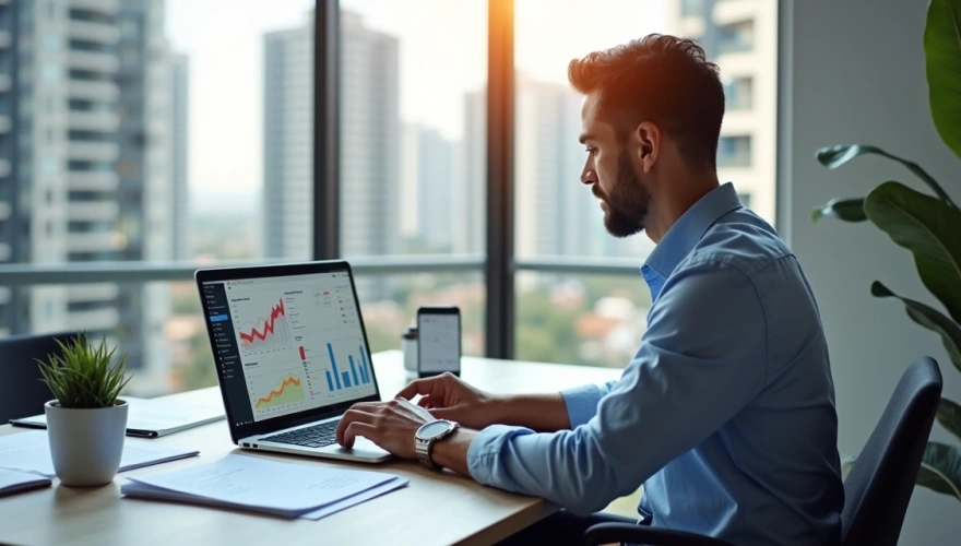 Síndico utilizando software de gestão condominial em notebook com gráficos financeiros na tela