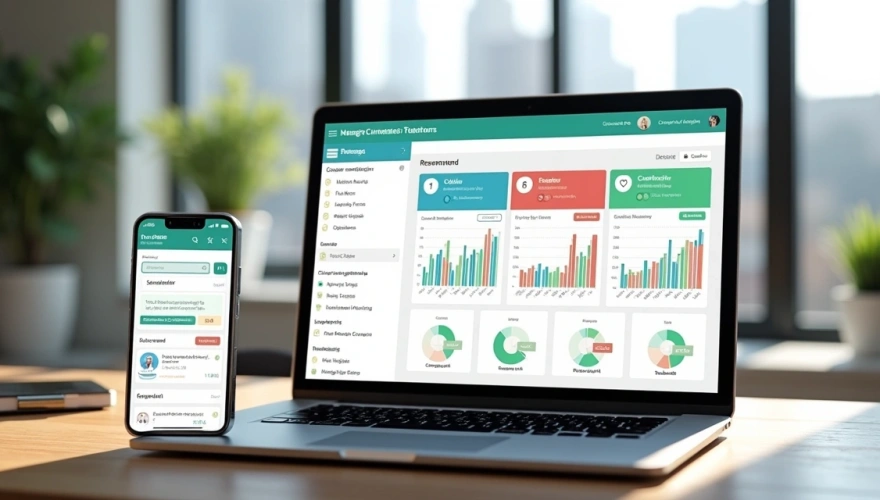 Computador e smartphone exibindo sistemas de gestão condominial com gráficos, mensagens e calendários na tela