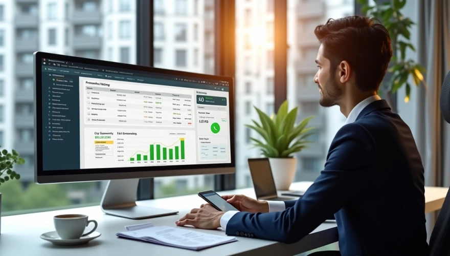 Síndico analisando relatório financeiro e usando ferramenta de cobrança automática no computador