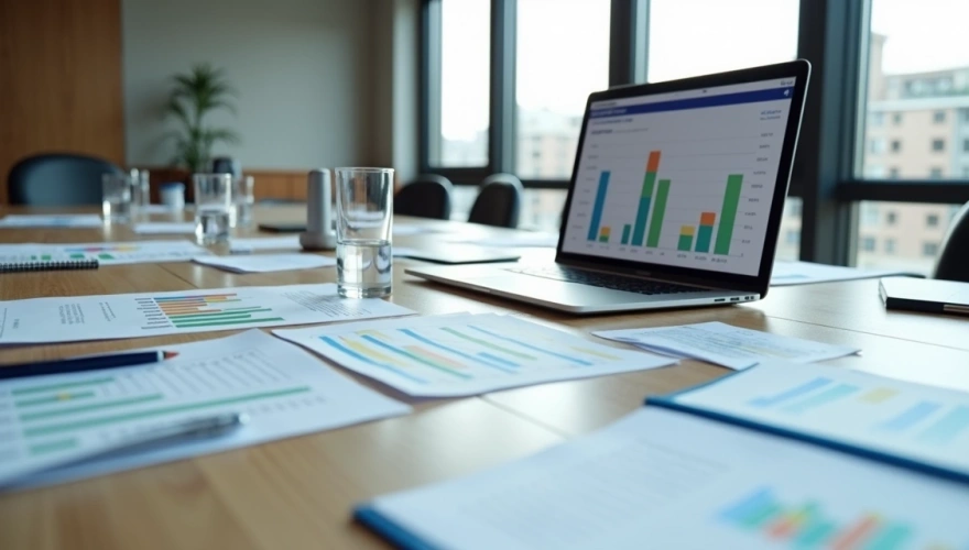 Transparência financeira Mesa de reunião com documentos financeiros e laptop aberto mostrando gráficos de prestação de contas condominial