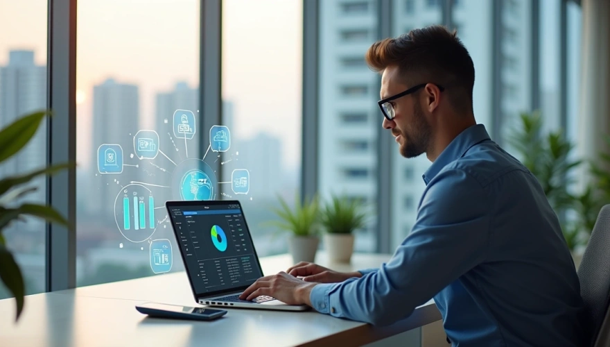 Síndico utilizando software de gestão condominial em laptop com tela mostrando dashboards financeiros e comunicados digitais