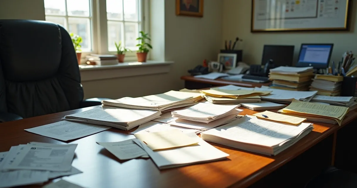 Acúmulo de documentos em uma mesa de escritório no condomínio