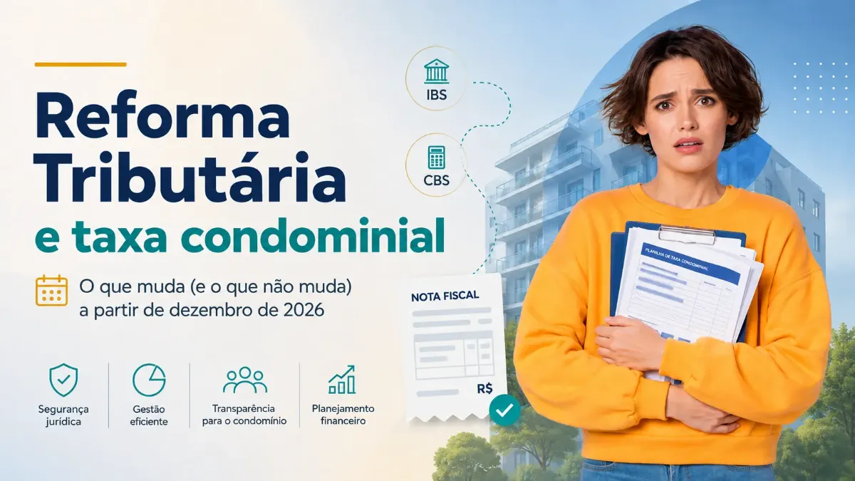 Síndico em área comum de condomínio analisando nota fiscal com destaque para regras tributárias