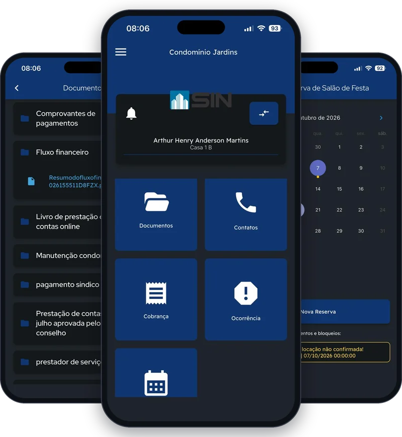 App do condômino no celular: tela inicial com os módulos, pasta de documentos e reserva do salão de festas pelo calendário