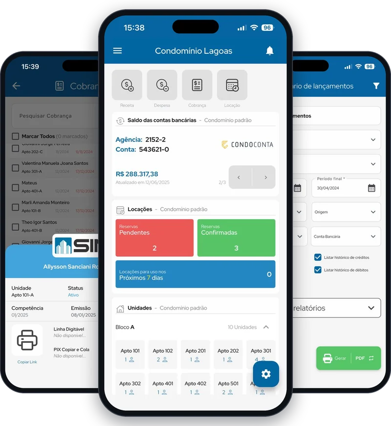 App SIN+ no celular: dashboard do condomínio com saldo das contas e locações, detalhes de uma cobrança e o relatório de livro diário