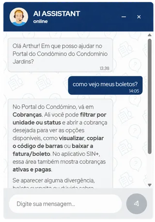 Assistente de IA do Portal do Morador respondendo como ver os boletos: em Cobranças, filtrar por unidade ou status e baixar o boleto