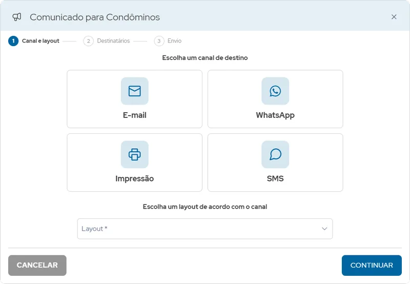 Janela do SIN+ para criar um comunicado aos condôminos, escolhendo o canal: e-mail, WhatsApp, impressão ou SMS