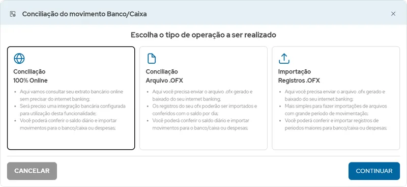 Conciliação bancária no SIN+: 100% online pela integração com o banco, por arquivo OFX ou por importação de registros