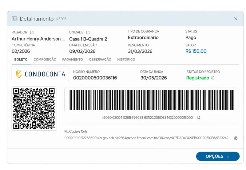 Detalhes de uma cobrança no SIN+: pagador, unidade, competência, vencimento, valor pago e boleto Condoconta com QR Code Pix, código de barras e Pix Copia e Cola