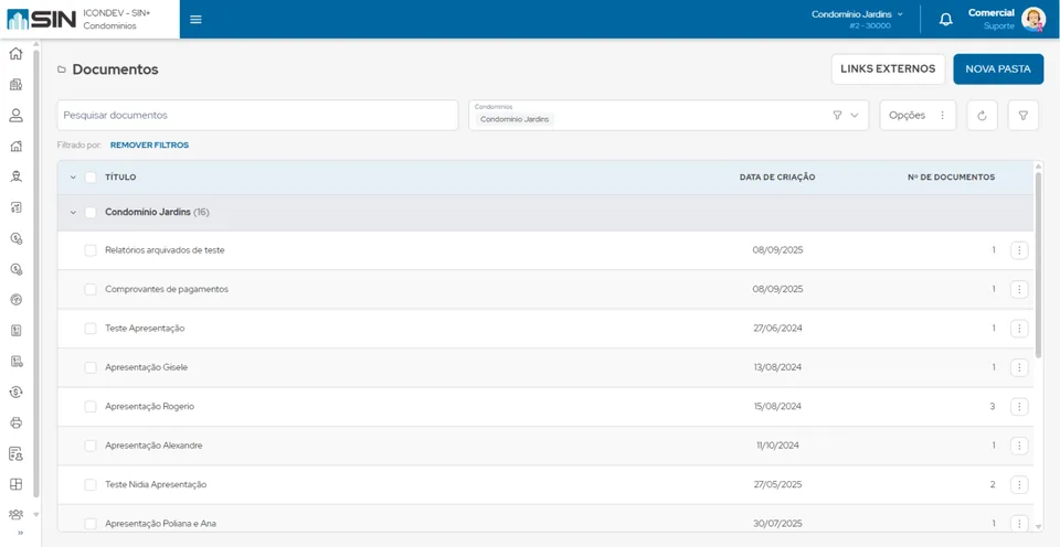 Pastas de documentos do condomínio no SIN+, com data de criação e quantidade de arquivos