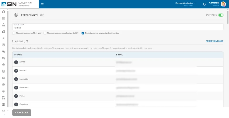 Perfil de acesso no SIN+ com permissões (SIN+ web, aplicativo, prestação de contas) e os usuários vinculados