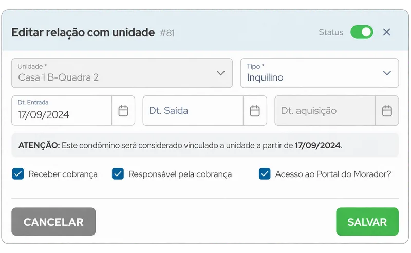 Janela do SIN+ para editar a relação do condômino com a unidade: tipo inquilino, data de entrada, cobrança e acesso ao Portal do Morador